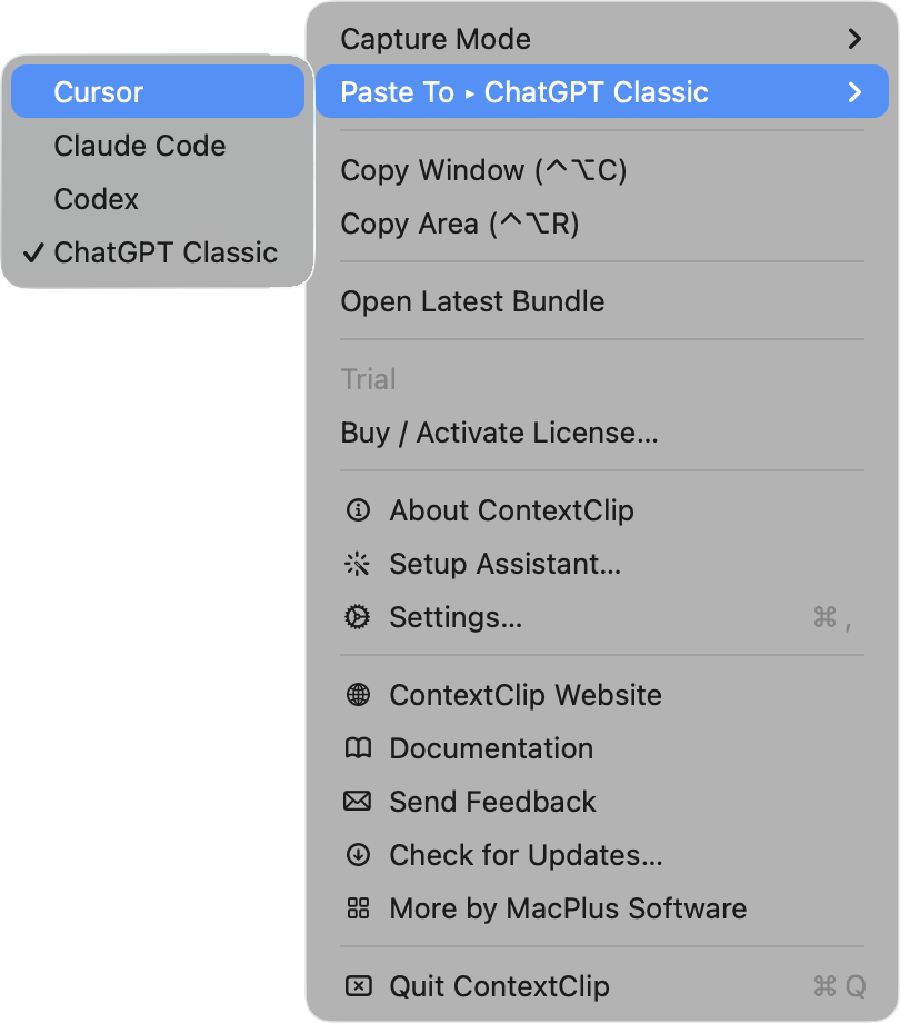 The Paste To submenu open, with Cursor, Claude Code, Codex and ChatGPT Classic