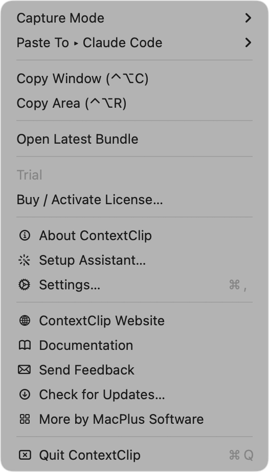 The ContextClip menu bar menu, open