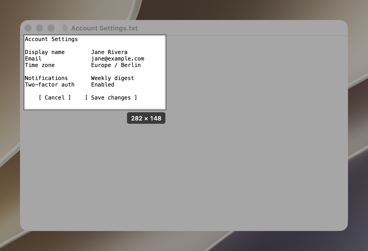 Region capture: a rectangle drawn around a dialog, with its size shown underneath