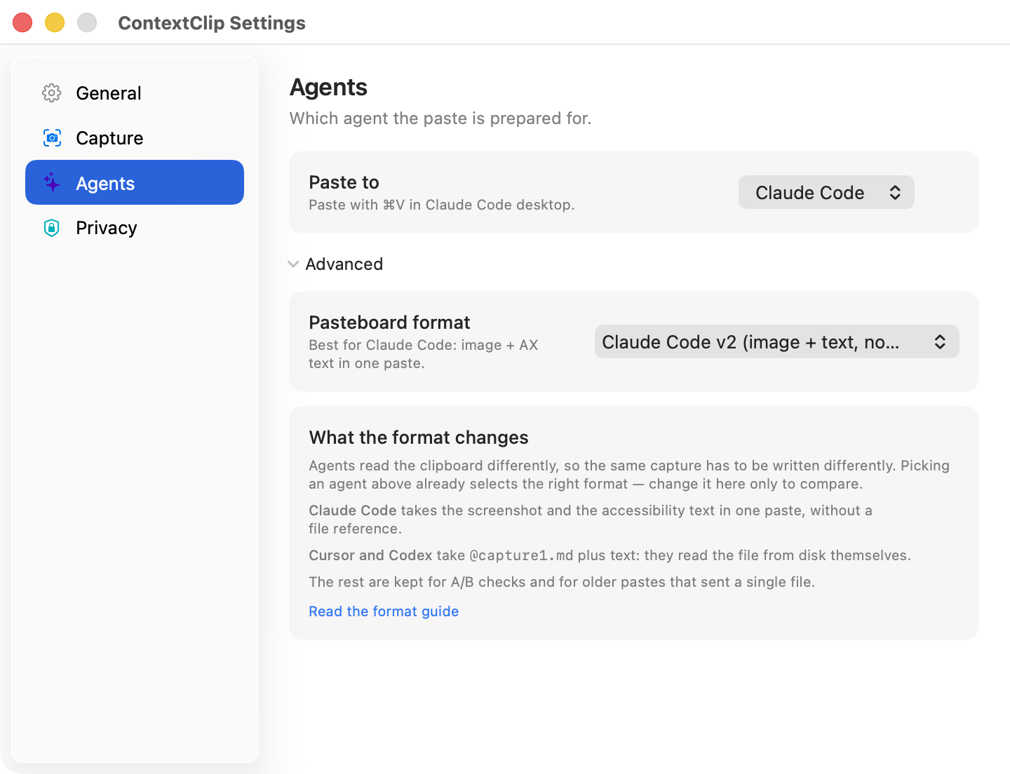 ContextClip Settings, Agents section with Advanced expanded