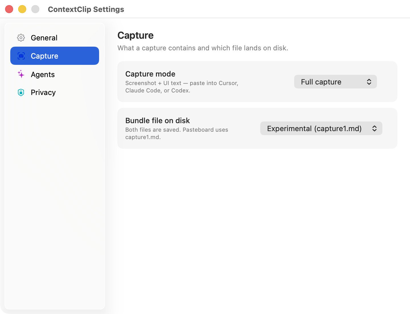 ContextClip Settings, Capture section