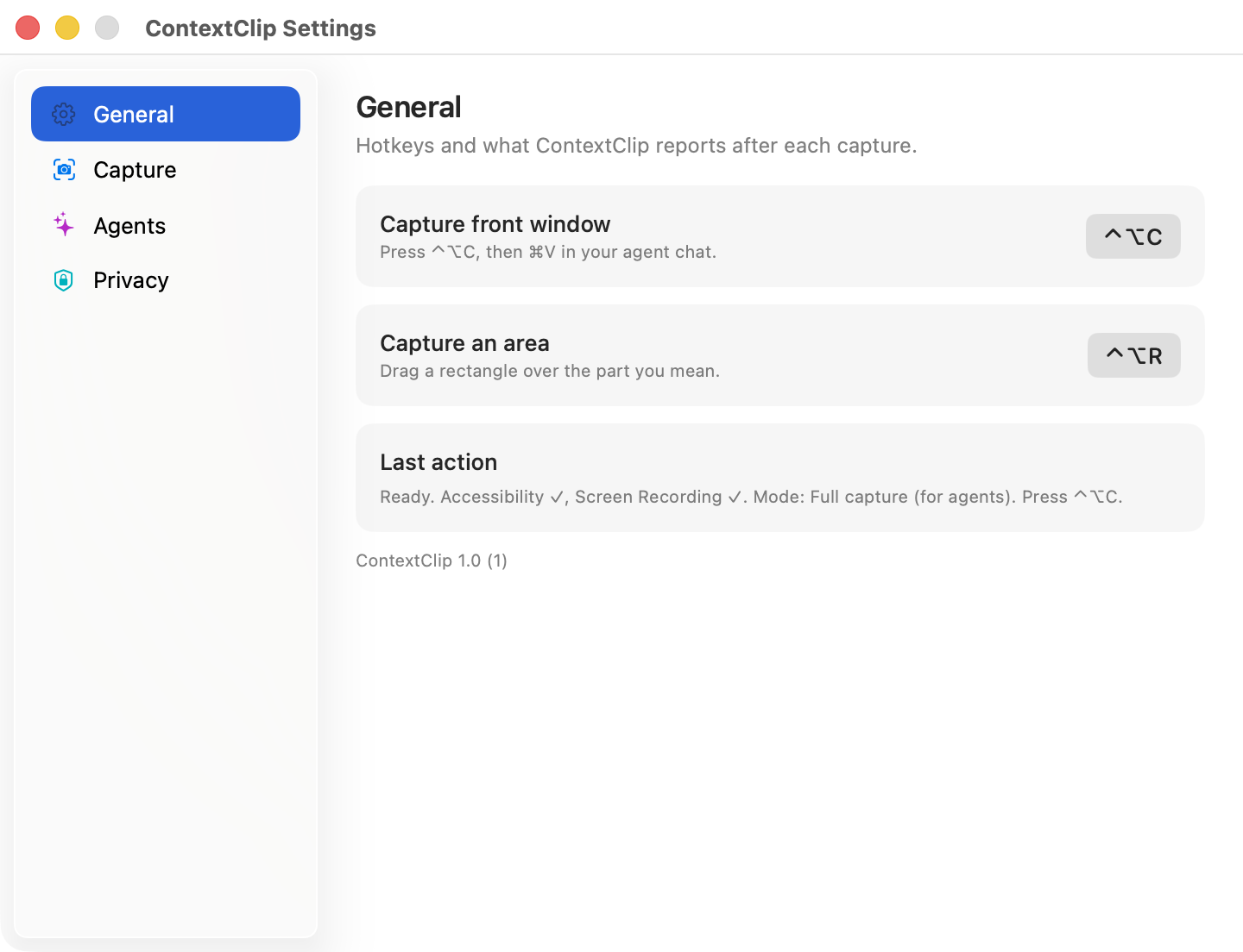 ContextClip Settings, General section