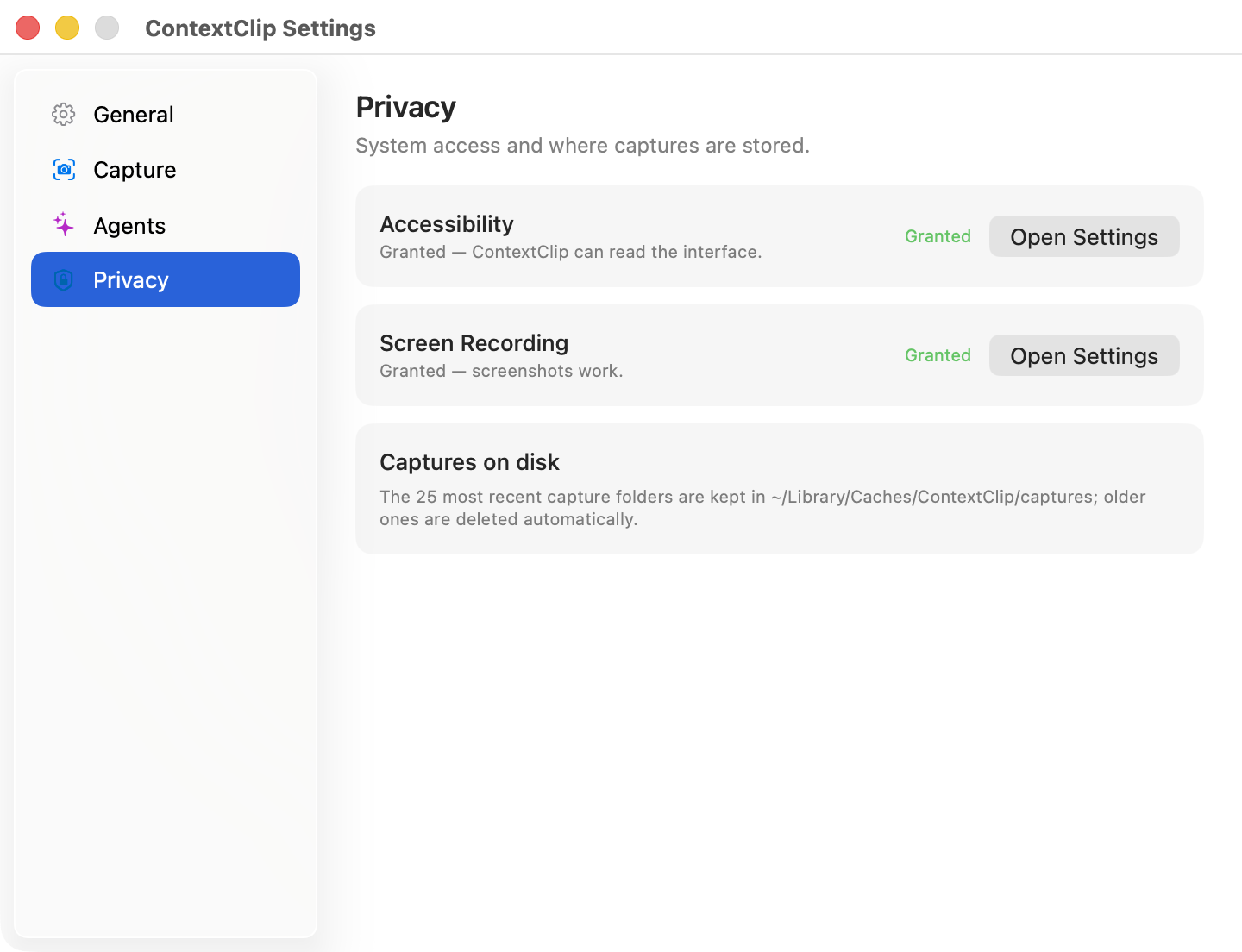 ContextClip Settings, Privacy section