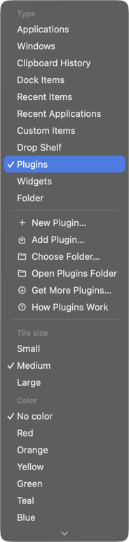 The row menu: row type, plugin actions, tile size and colour
