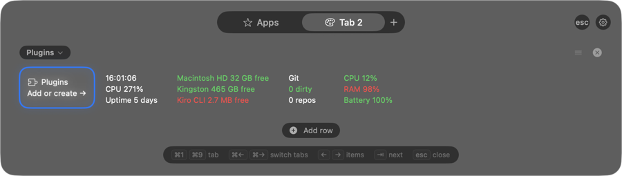 A Plugins row: the built-in plugins and the tile that adds more