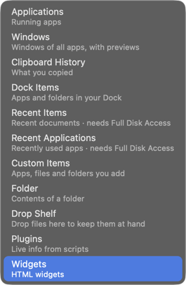 The Add row menu, with Widgets selected