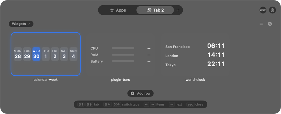 A Widgets row with the three built-in widgets