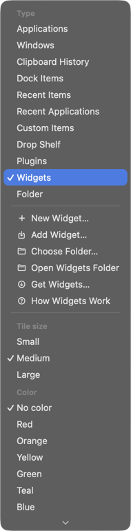 The row menu: row type, widget actions, tile size and colour