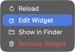 Right-click a widget tile: Reload, Edit Widget, Show in Finder, Remove Widget