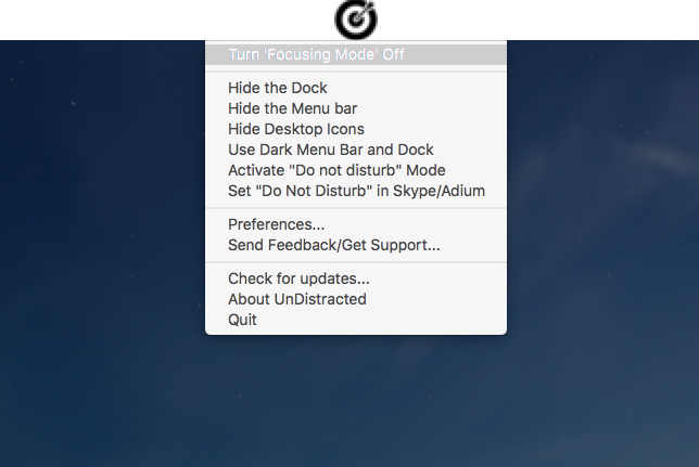 UnDistracted Mac Screenshot: Enabling Focus Mode from Menu bar