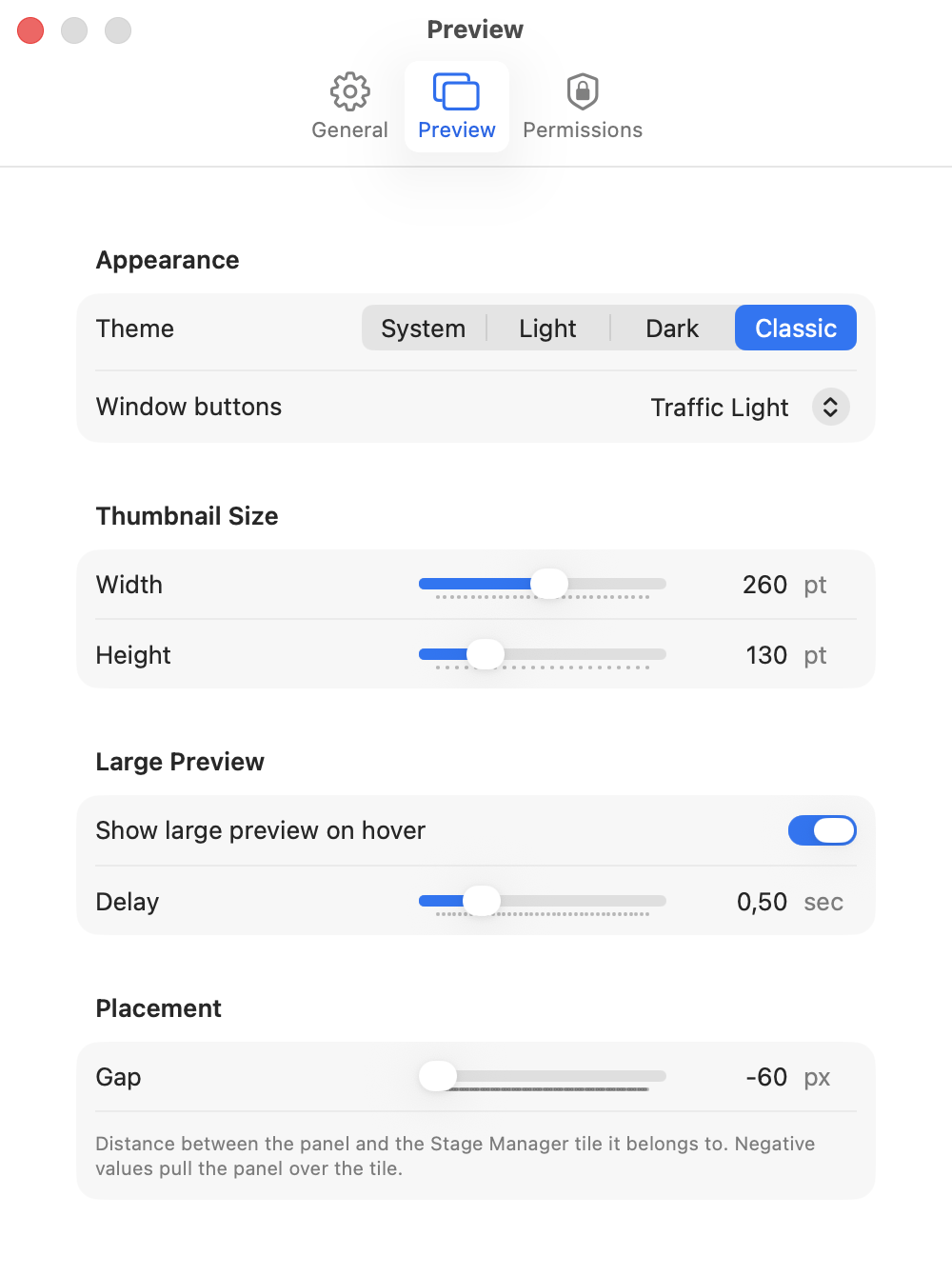 Stage View 2 Preview settings: theme, thumbnail size, hover delay and panel placement